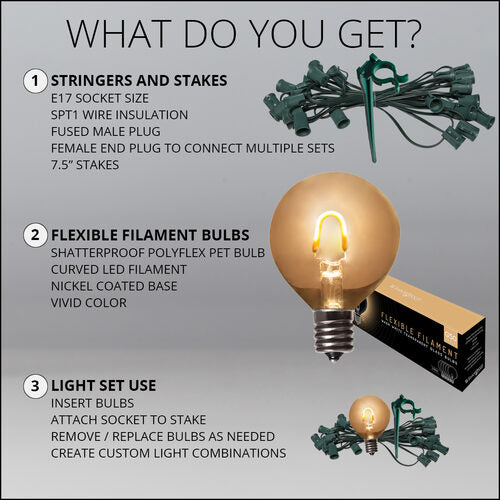 G50 Warm White FlexFilament Shatterproof Garden LED Pathway Lights, 25 Lights, 7.5 Inch Stakes, 25'