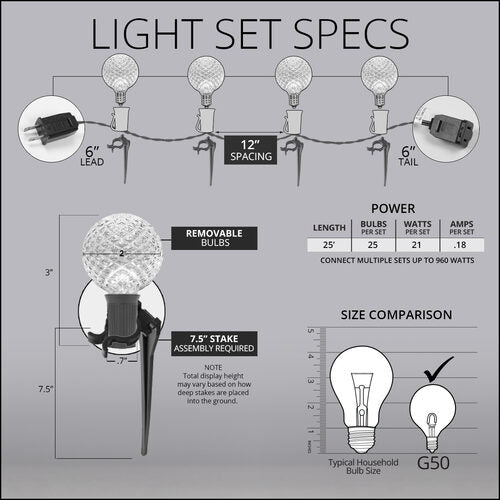 G50 Warm White OptiCore Garden LED Pathway Lights, 25 Lights, 7.5 Inch Stakes, 25'
