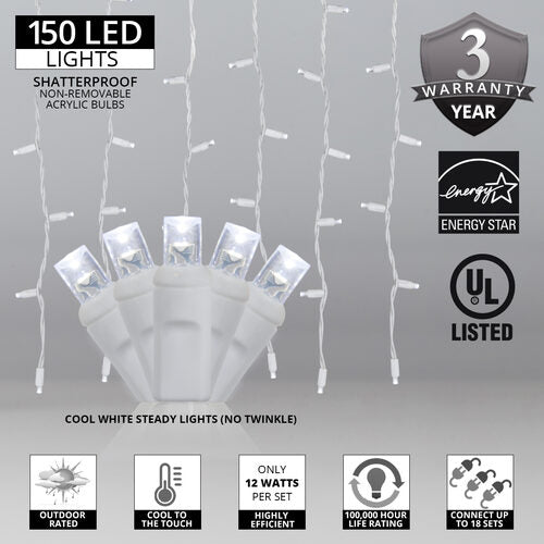 LED Curtain Lights, 150 Cool White 5mm Lights on White Wire