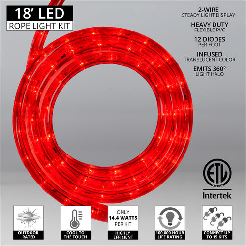 Red LED Rope Light, 18 ft