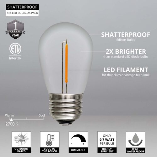 S14 Shatterproof Warm White Straight Filament LED Bulbs, 25-Pack