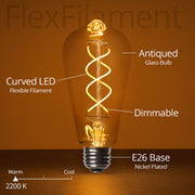 ST64 5W Antiqued Glass Warm White FlexFilament® LED Edison Bulbs