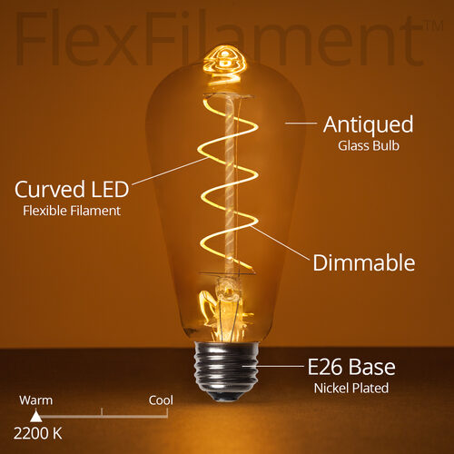 ST64 Antiqued Glass Warm White FlexFilament LED Edison Bulbs
