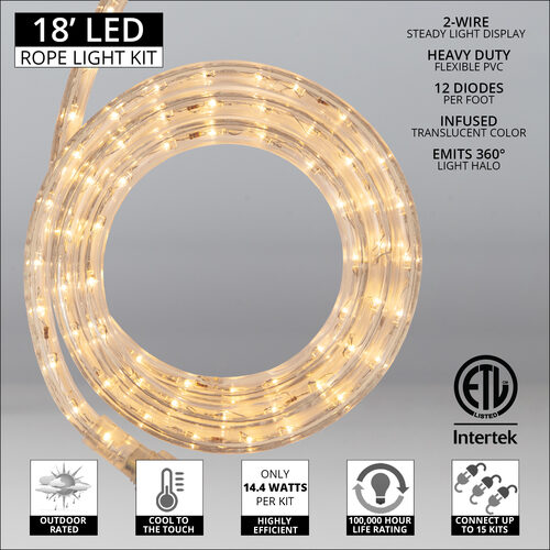 Warm White LED Rope Light, 18 ft