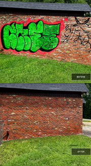 Mark Shark graffiti remover before and after results on a brick wall