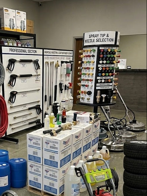 Display of pressure washers and accessories in a store setting