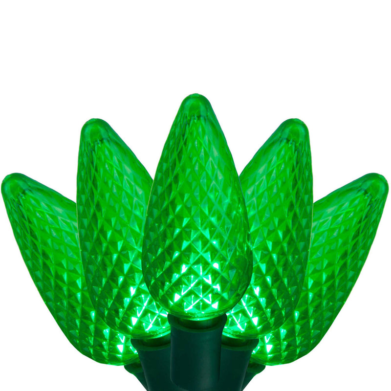 25 C9 Green LED Christmas Lights, Green Wire, 8-inch Spacing