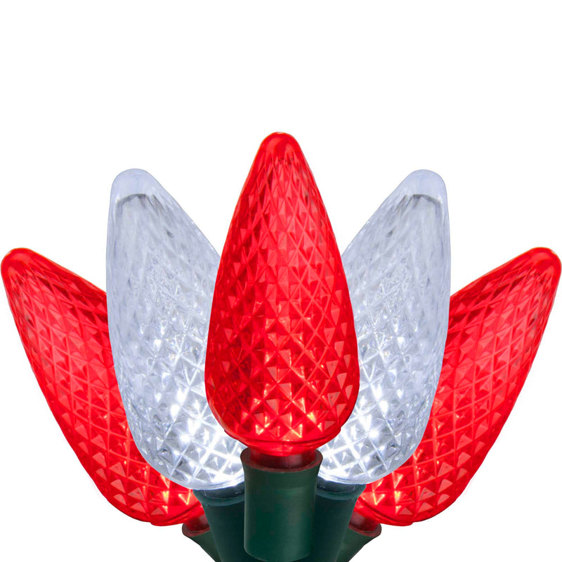 24 C9 Cool White, Red LED Christmas Lights, Green Wire, 8-inch Spacing