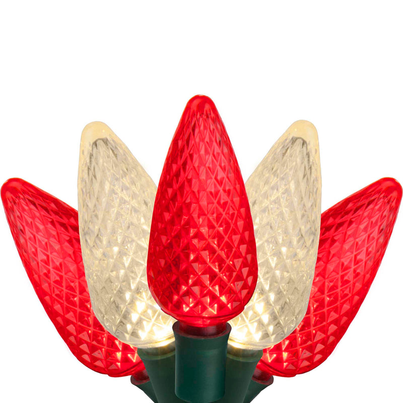 24 C9 Red, Warm White LED Christmas Lights, Green Wire, 8-inch Spacing