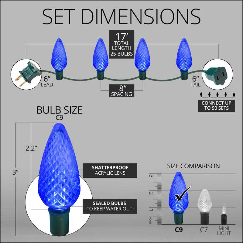 25 C9 Blue LED Christmas Lights, Green Wire, 8-inch Spacing