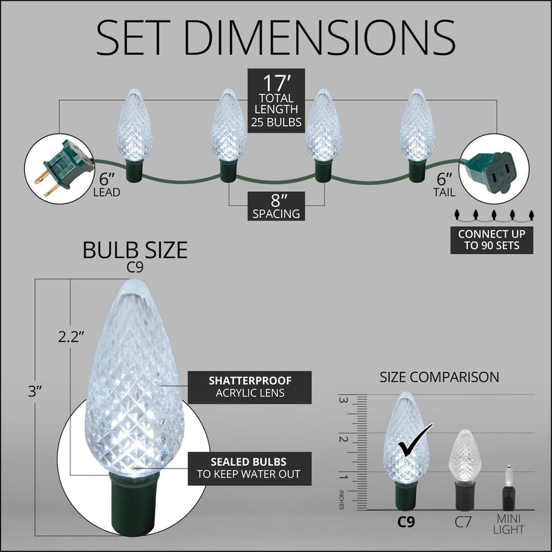 25 C9 Cool White LED Christmas Lights, Green Wire, 8-inch Spacing