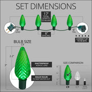 25 C9 Green LED Christmas Lights, Green Wire, 8-inch Spacing