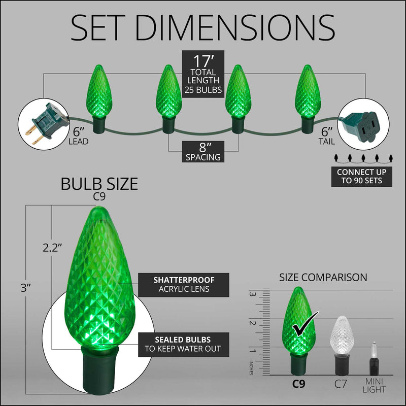 25 C9 Green LED Christmas Lights, Green Wire, 8-inch Spacing