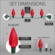 25 C9 Red LED Christmas Lights, Green Wire, 8-inch Spacing