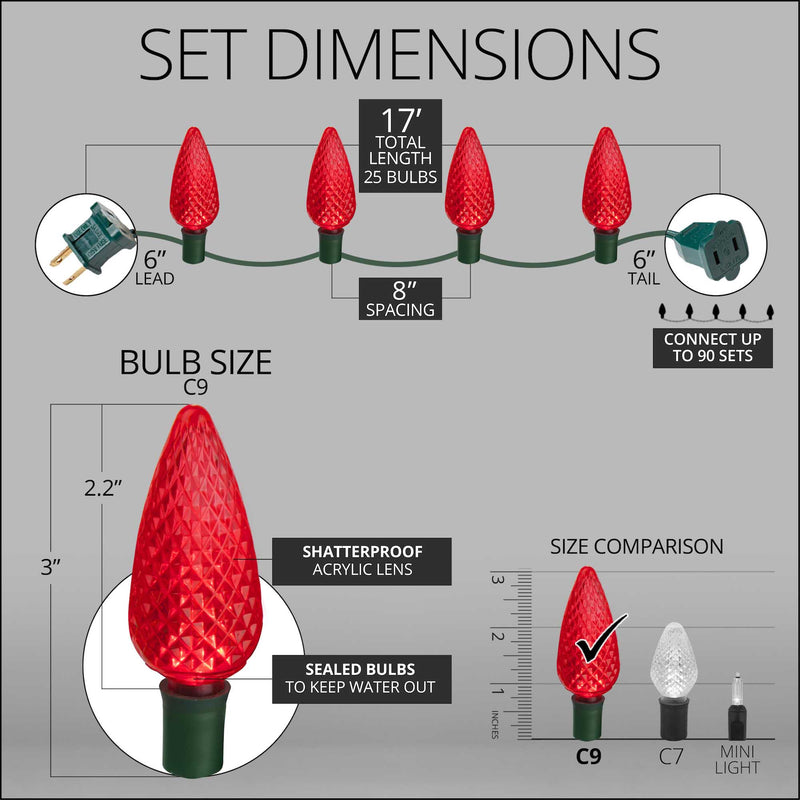 25 C9 Red LED Christmas Lights, Green Wire, 8-inch Spacing