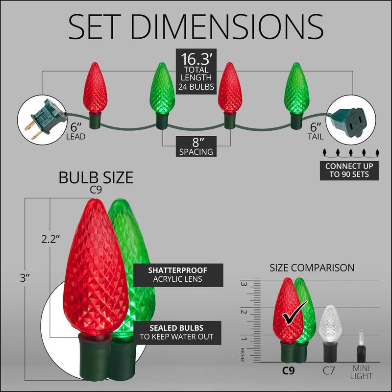 24 C9 Green, Red LED Christmas Lights, Green Wire, 8-inch Spacing