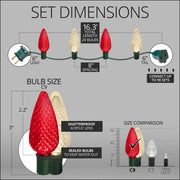 24 C9 Red, Warm White LED Christmas Lights, Green Wire, 8-inch Spacing