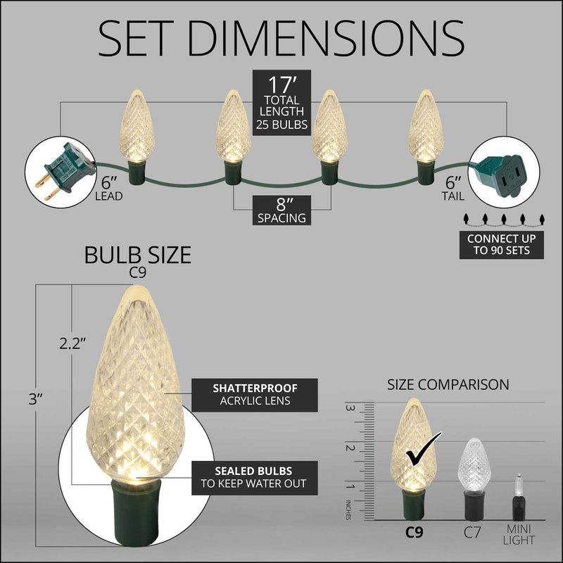 25 C9 Warm White LED Christmas Lights, Green Wire, 8-inch Spacing