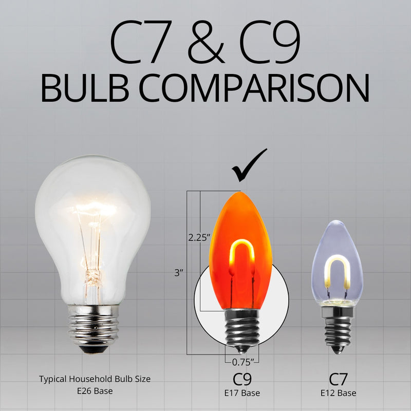 C9 Transparent Shatterproof Amber FlexFilament LED Bulbs